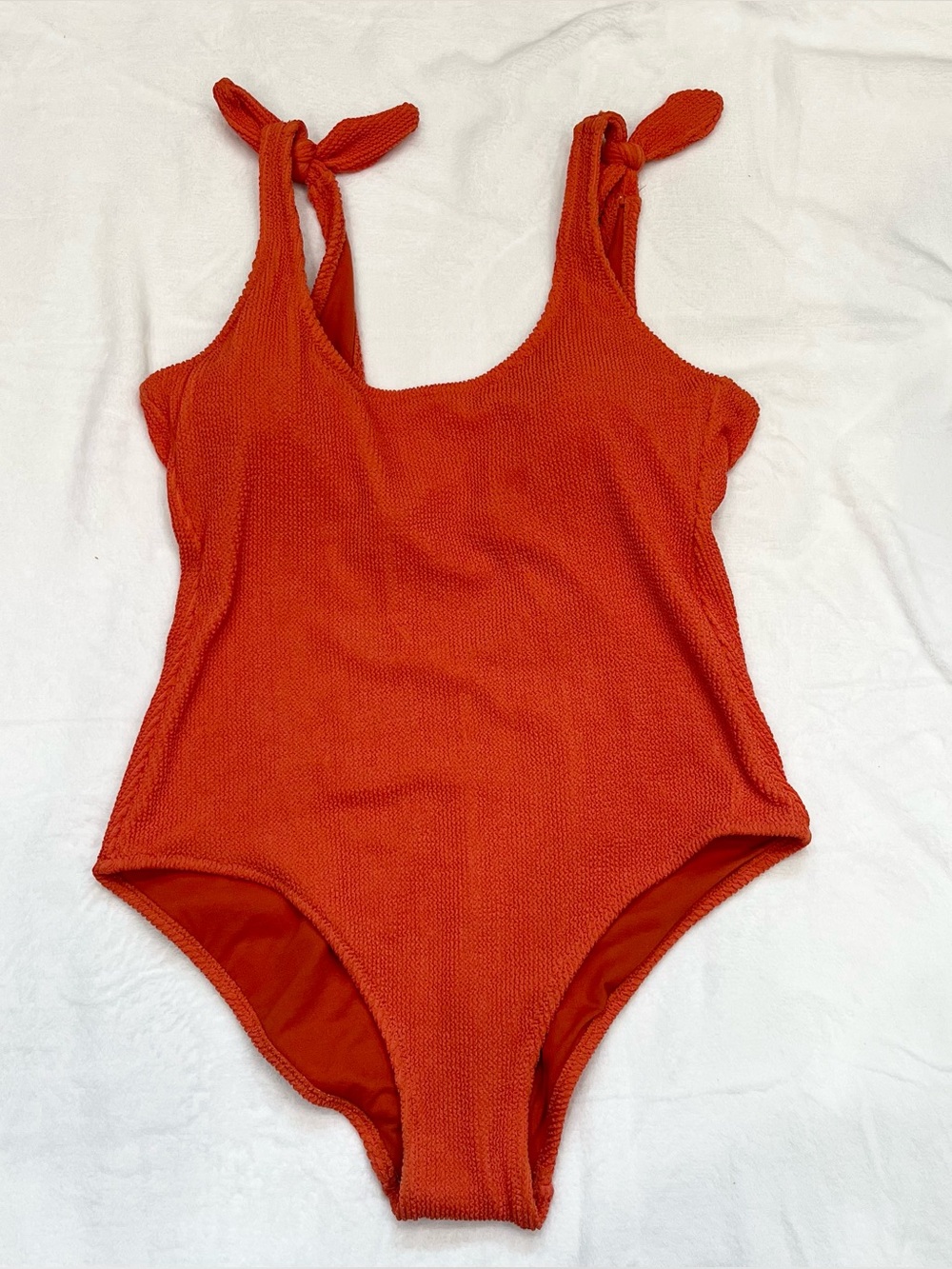 NWT Kona Sol Orange Textured Tie Shoulder 1 Piece Swimsuit Medium Scoop Back XL
